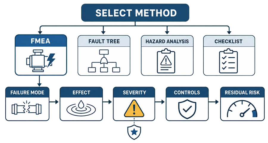 Risk assessment method selection leading to an FMEA sequence of failure mode, effect, severity, controls, and residual risk