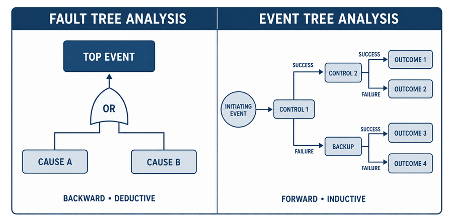 Fault Tree Analysis works backward from a top event to its causes, while Event Tree Analysis works forward from an initiating event through control successes and failures to possible outcomes.