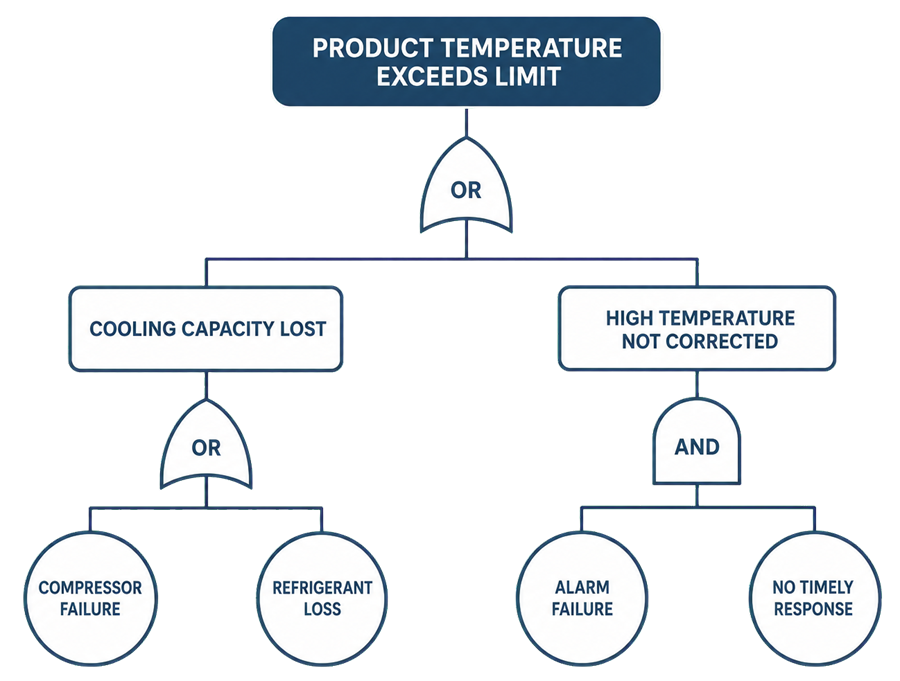 Fault Tree Analysis example showing how cooling-capacity loss or an uncorrected high temperature can cause refrigerated product temperature to exceed its limit.