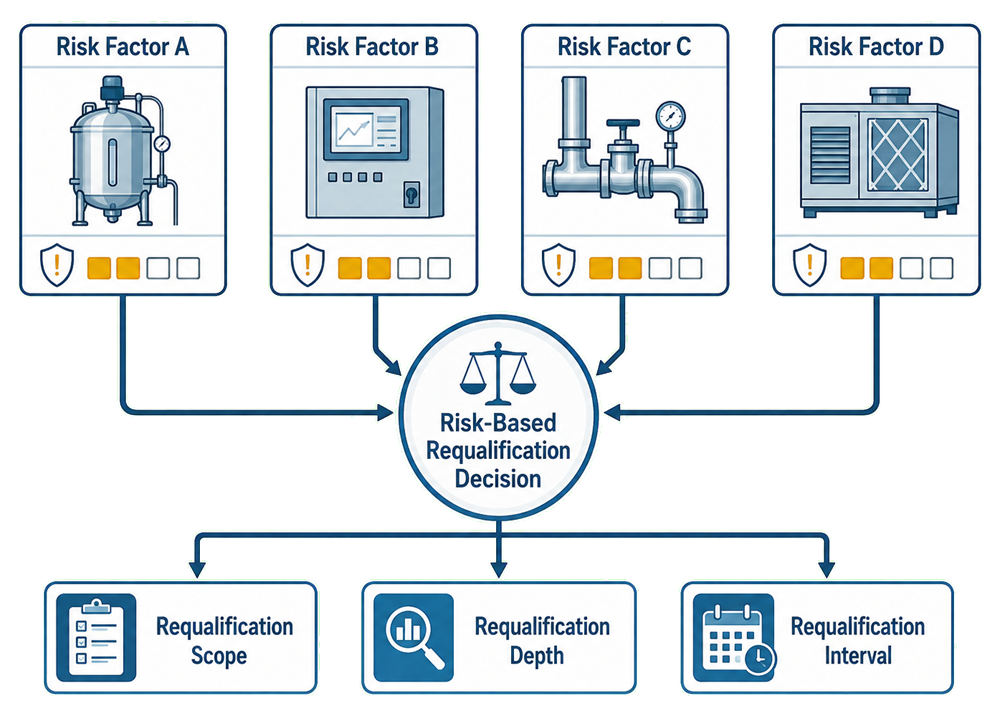 Risk-based requalification decision diagram showing four equipment risk factors used to determine requalification scope, depth, and interval.