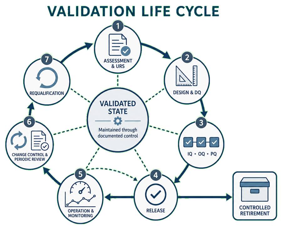 GMP validation life cycle from system assessment and user requirements through design, qualification, release, operation, change control, requalification, and controlled retirement.