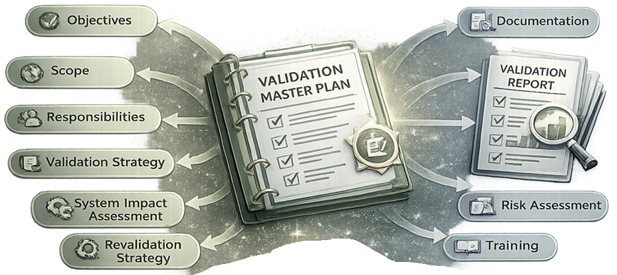 Validation Master Plan diagram illustrating the lifecycle-based pharmaceutical validation framework including validation strategy, risk assessment, qualification phases, documentation control, change management, deviation management, requalification, and ongoing GMP compliance oversight across regulated manufacturing systems.