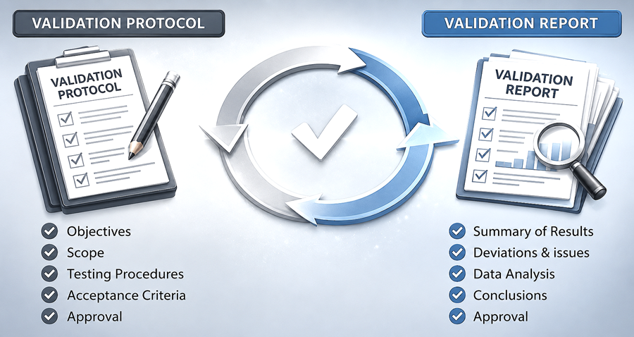 Validation protocol versus validation report in pharmaceutical validation lifecycle.