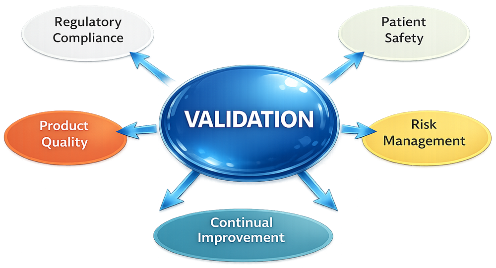 Pharmaceutical validation supporting GMP compliance, product quality, patient safety, and lifecycle process control