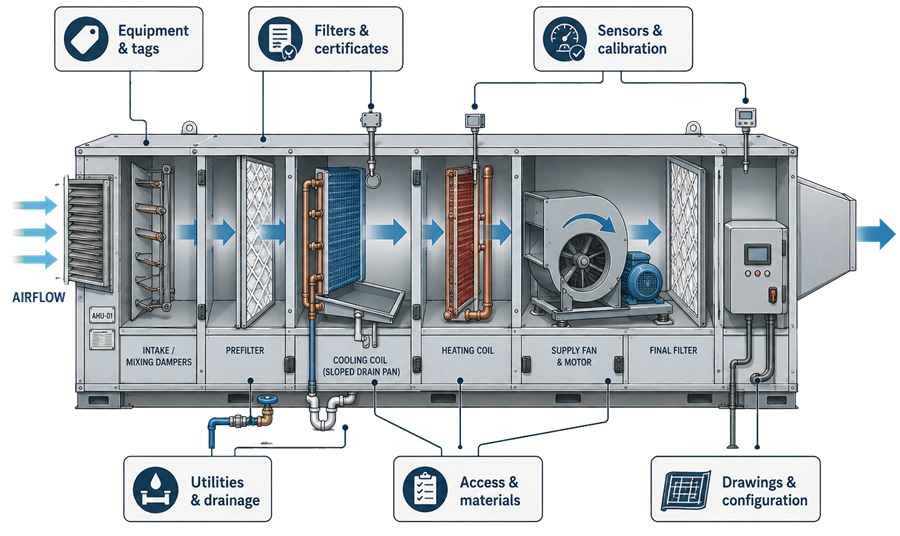 Cutaway air-handling unit showing HVAC IQ evidence callouts for equipment identification, filter certificates, sensor calibration, utilities and drainage, access and materials, and drawings and control configuration.