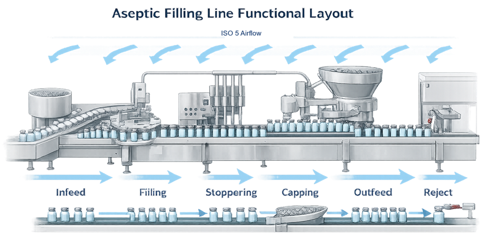 Conceptual aseptic filling-line layout showing container infeed, filling, stoppering, capping, outfeed, rejection, and protective airflow