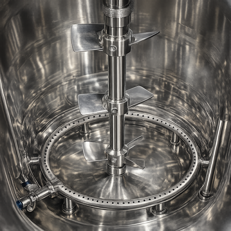 Bioreactor vessel interior showing agitation shaft, multiple impellers, baffles, and bottom gas sparger