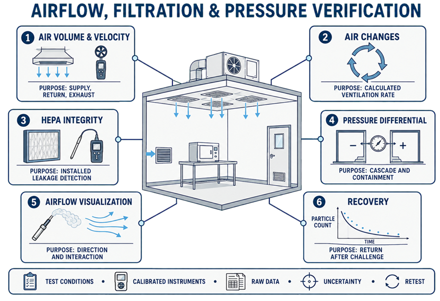 Testing map for GMP HVAC verification showing air volume and velocity, air changes, HEPA integrity, pressure differential, airflow visualization, particle classification, and recovery, supported by controlled conditions, calibrated instruments, raw data, uncertainty evaluation, and retesting.