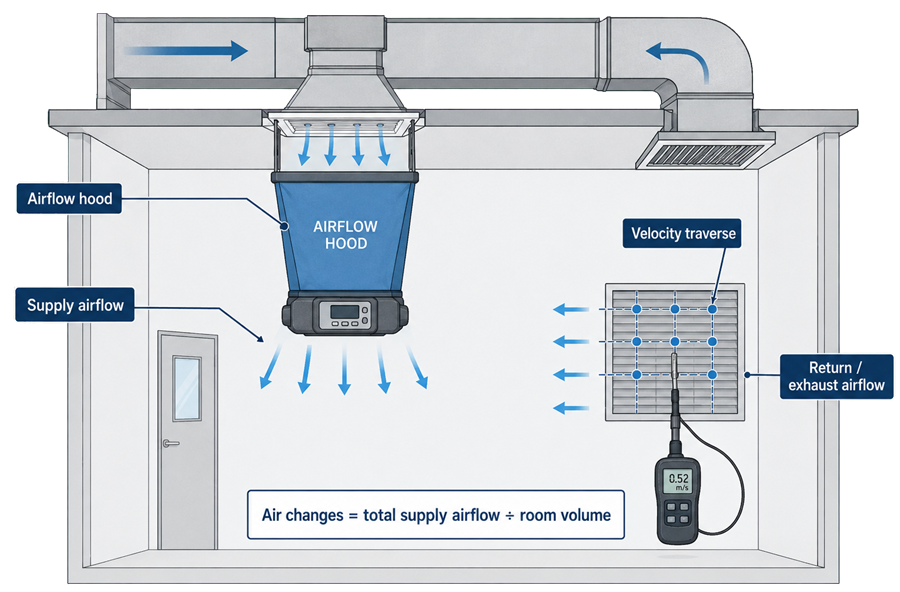 Airflow measurement using a capture hood at a ceiling supply diffuser and a multipoint velocity traverse across a return or exhaust grille.