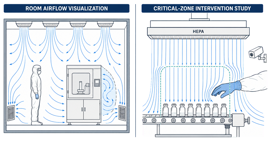Two-panel diagram comparing room airflow visualization with a critical-zone intervention smoke study under unidirectional HEPA-filtered airflow.