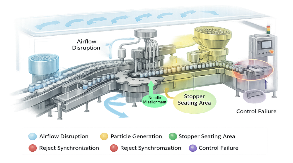 Architectural risk overlay diagram of aseptic filling line showing highlighted zones for airflow disruption, particle generation, needle alignment risk, stopper seating variability, reject synchronization, and control system failure within ISO 5 critical exposure areas.