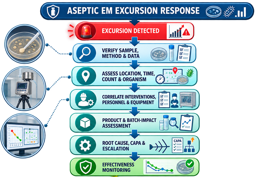 Aseptic environmental-monitoring excursion response from data verification and organism assessment through process correlation, batch-impact assessment, CAPA, and effectiveness monitoring.