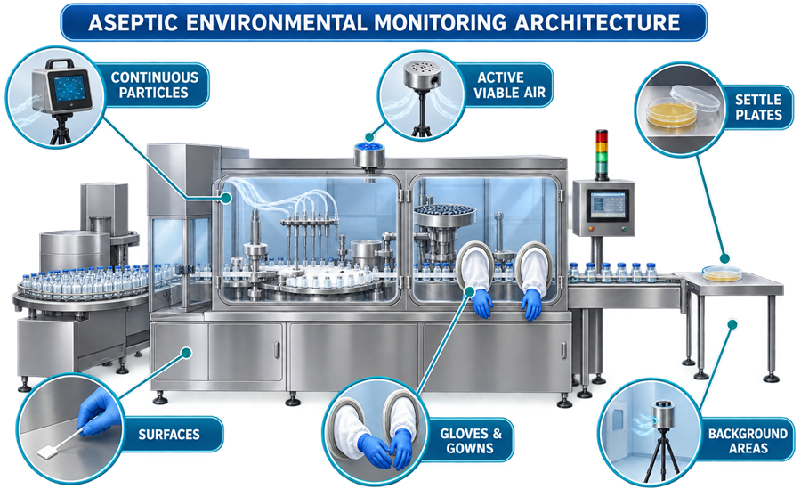 Aseptic environmental-monitoring architecture showing continuous particle monitoring, active viable-air sampling, settle plates, surface sampling, glove and gown monitoring, and background-area monitoring around a barrier filling line.