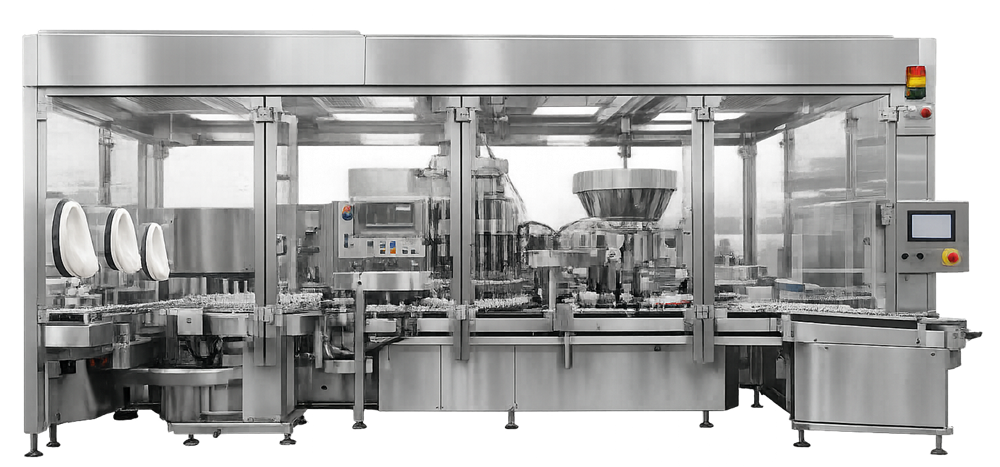 Aseptic vial filling line within a barrier enclosure showing container transport, filling, stoppering, capping, glove ports, and machine controls