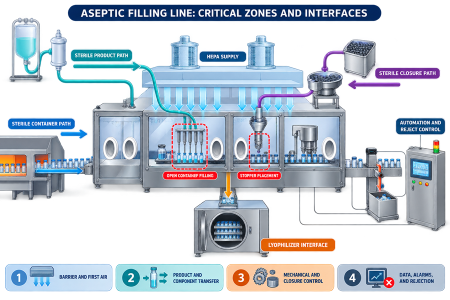 Aseptic filling-line architecture showing critical exposure zones, sterile product and component paths, barrier interfaces, particle-generating stations, automation, and reject controls