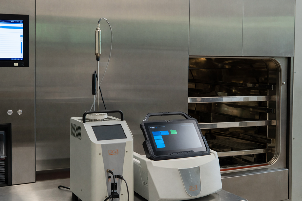 Kaye Validator temperature-mapping system connected to a pharmaceutical steam sterilizer during operational qualification.