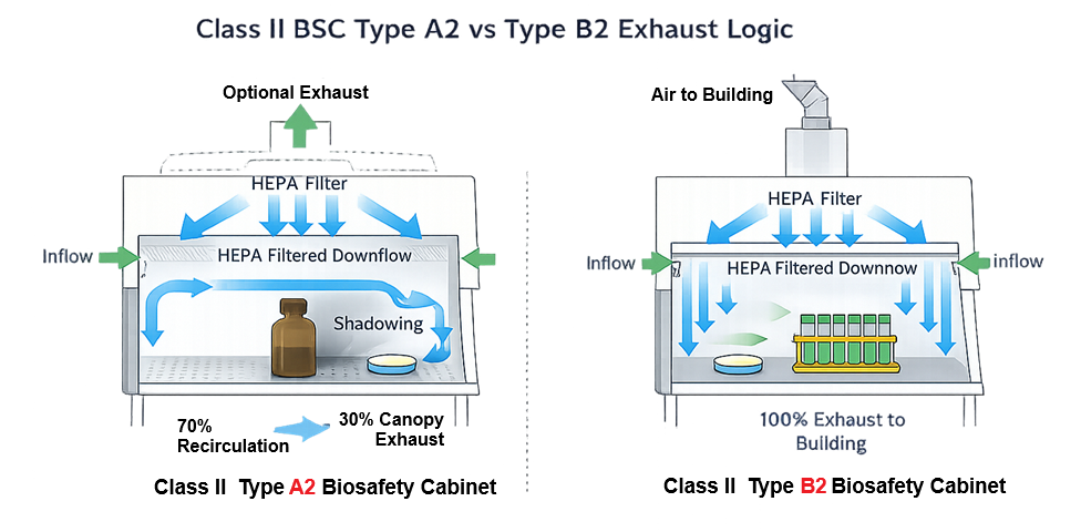 Airflow comparison of Class II Type A2 and Type B2 biosafety cabinets