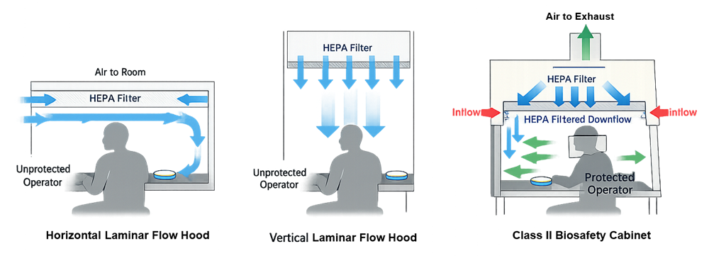 Airflow comparison of horizontal and vertical laminar flow hoods and a Class II biosafety cabinet