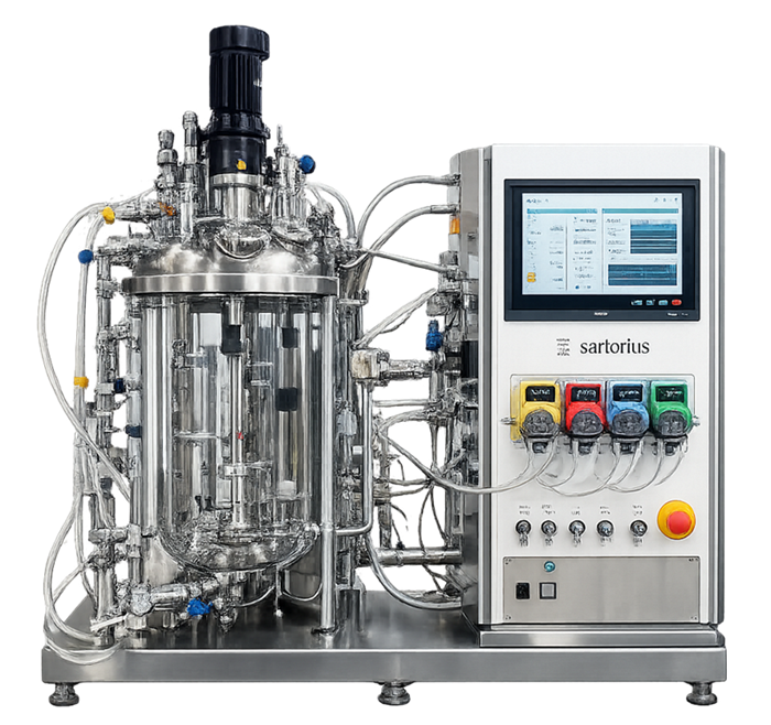 Bench-scale glass bioreactor with agitation drive, control tower, tubing, and integrated process probes