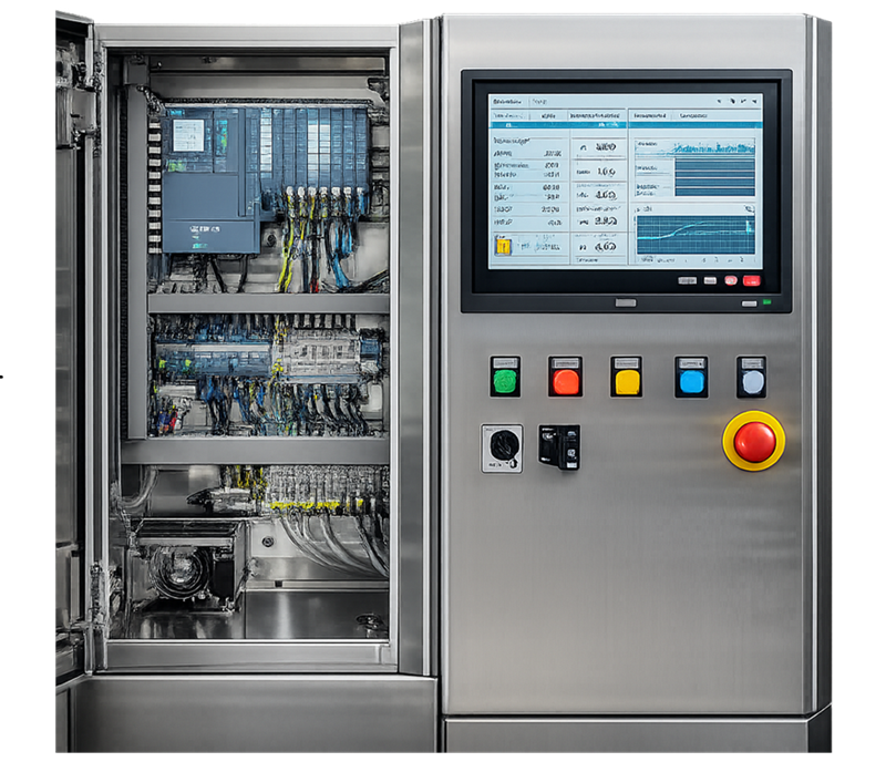Bioreactor control cabinet with PLC and HMI displaying temperature, pH, dissolved oxygen, agitation, and gas-flow parameters