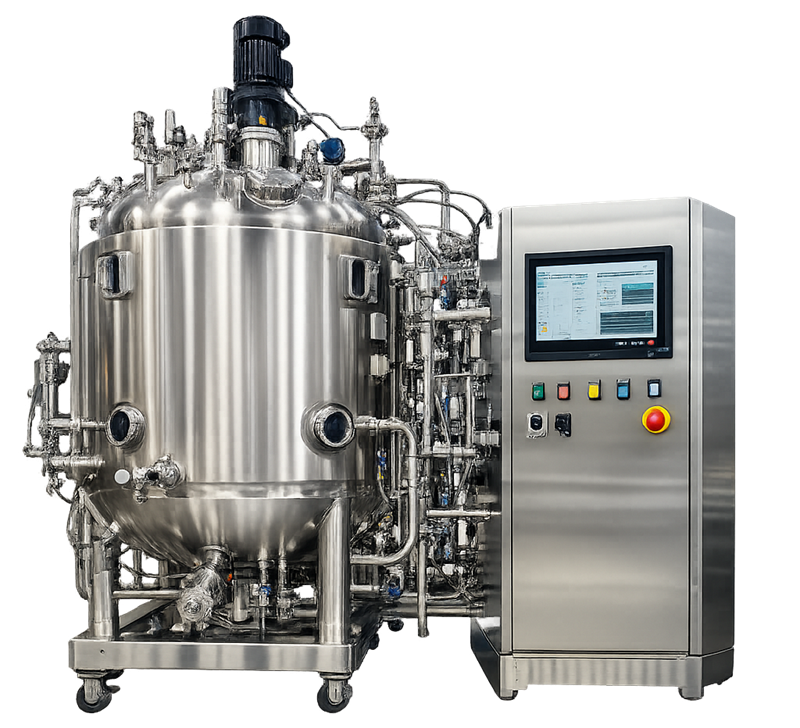 Stainless-steel production bioreactor with process piping, instrumentation, and integrated control panel