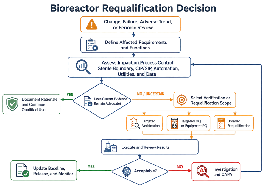 Bioreactor requalification decision flow from change or adverse event through impact assessment, scope selection, testing, release, or CAPA.