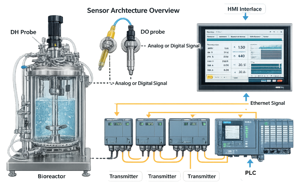 Bioreactor sensors connected through transmitters and a PLC to the HMI, control outputs, alarms, and electronic records