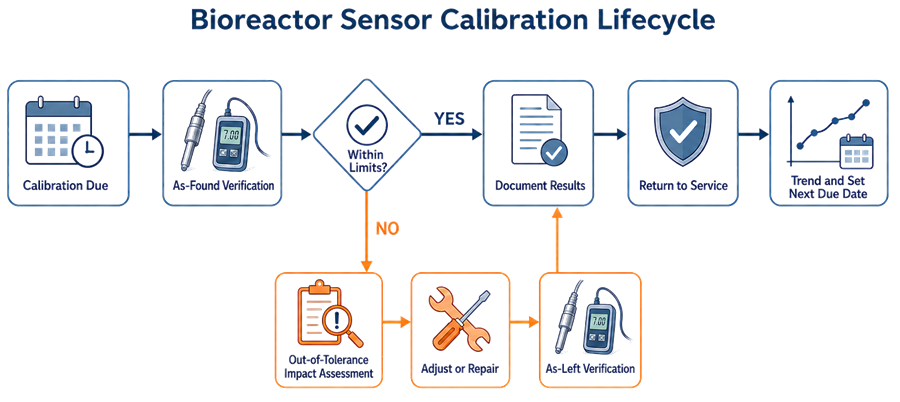 Bioreactor sensor calibration lifecycle showing as-found verification, acceptance decision, out-of-tolerance assessment, adjustment, as-left verification, documentation, and return to service