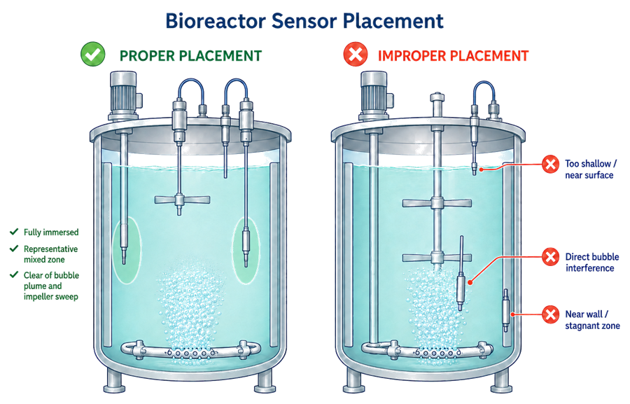 Comparison of proper bioreactor sensor placement in representative mixed zones with improper placement near the liquid surface, bubble plume, and vessel wall