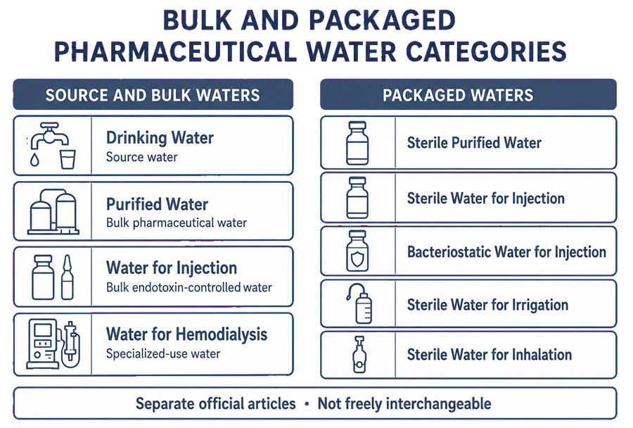 ALT text: Pharmaceutical water category diagram separating Drinking Water, bulk Purified Water, Water for Injection, and Water for Hemodialysis from packaged Sterile Purified Water, Sterile Water for Injection, Bacteriostatic Water for Injection, Sterile Water for Irrigation, and Sterile Water for Inhalation.