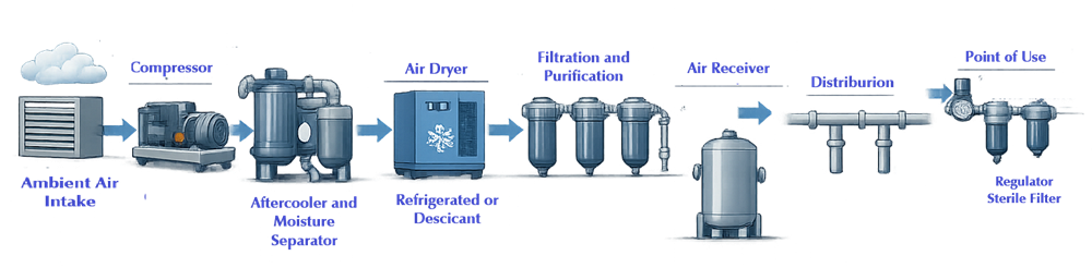 GMP compressed-air system architecture showing intake, compression, cooling, moisture separation, filtration, drying, storage, distribution, and point-of-use treatment.
