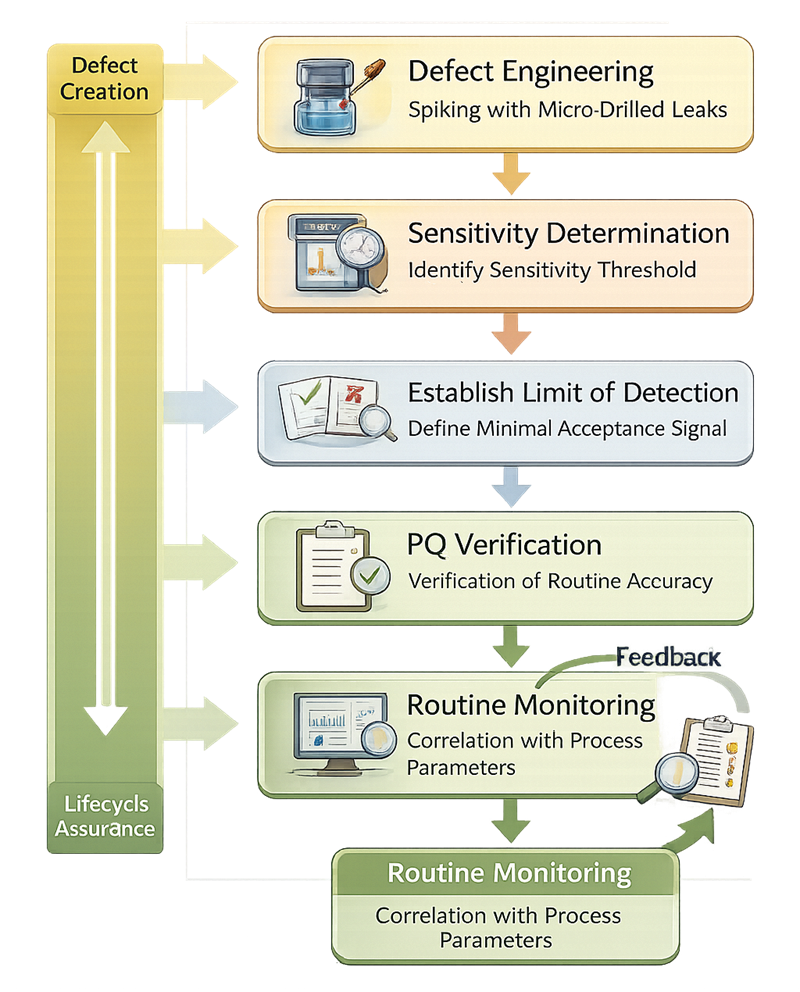 Container Closure Integrity Testing (CCIT) validation lifecycle showing defect engineering, sensitivity determination, limit of detection establishment, performance qualification verification, and routine monitoring in pharmaceutical manufacturing