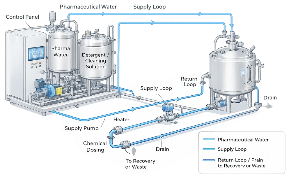 Clean-in-Place utility architecture with water and cleaning-solution tanks, chemical dosing, heater, supply pump, supply and return loops, process vessel, drain, and recovery path.