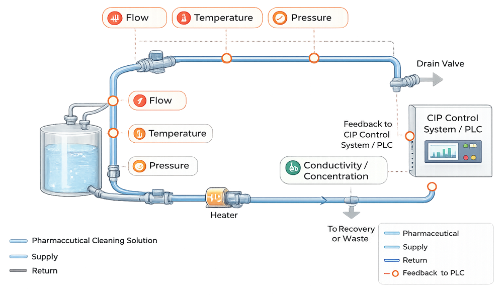 CIP circuit showing flow, temperature, pressure, and conductivity or chemical-concentration measurements connected to the control system.