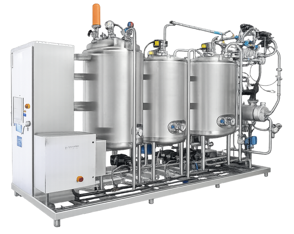 Multi-tank stainless steel Clean-in-Place skid with pumps, piping, valves, instruments, heat-transfer equipment, and automation enclosure.