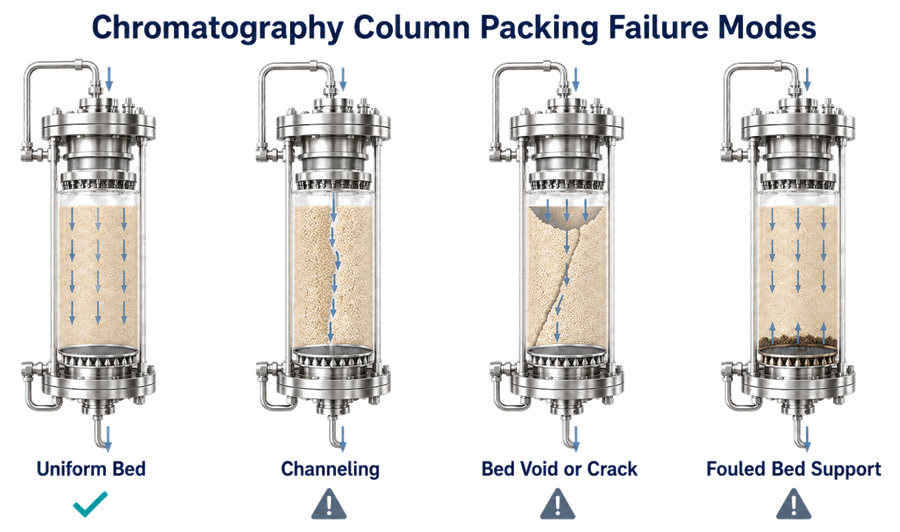 Comparison of a uniform chromatography bed with channeling, a bed void or crack, and a fouled lower support screen.