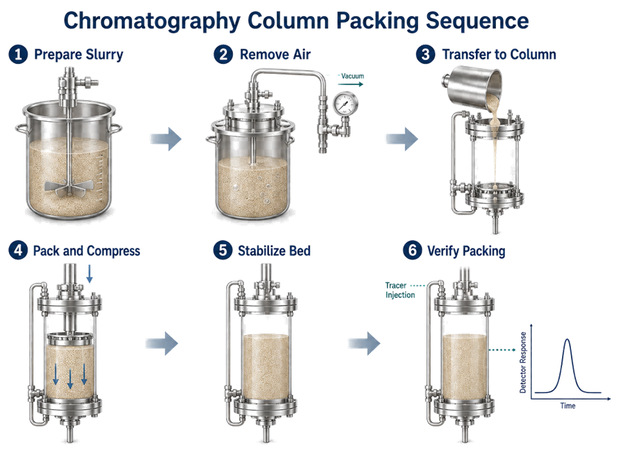 Six-stage chromatography column packing sequence showing slurry preparation, air removal, transfer, compression, stabilization, and packing verification.