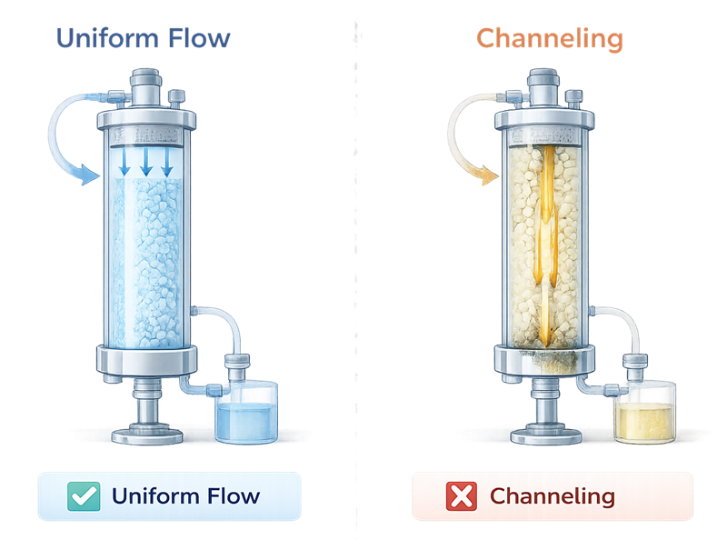 Cross-sectional illustration of chromatography column showing uniform flow distribution compared to channeling with uneven flow paths in a packed bed.