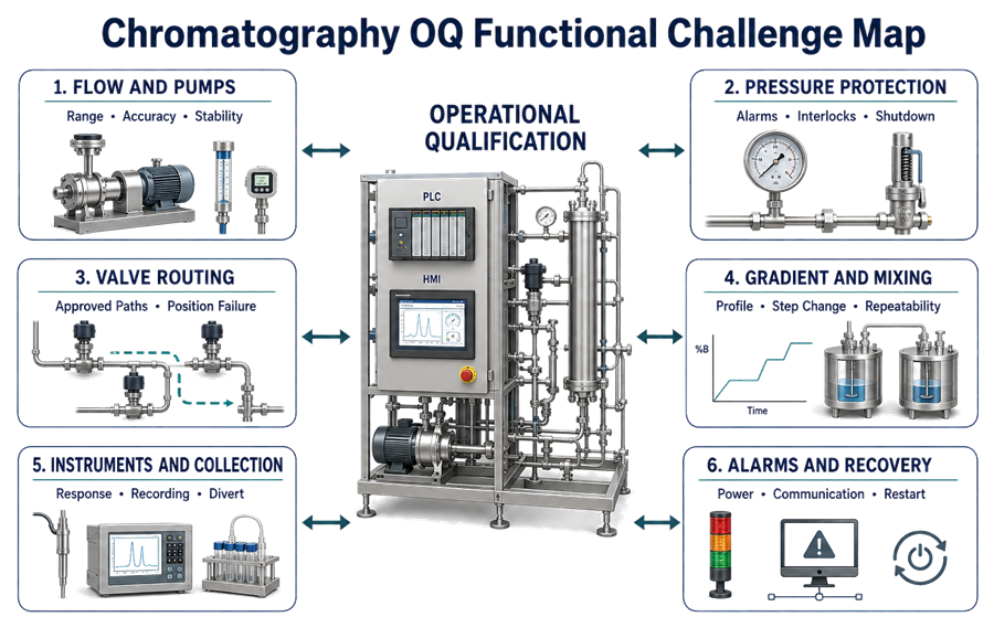 Chromatography operational qualification challenge map covering pumps, flow, pressure protection, valve routing, gradients, instruments, collection, alarms, and failure recovery.