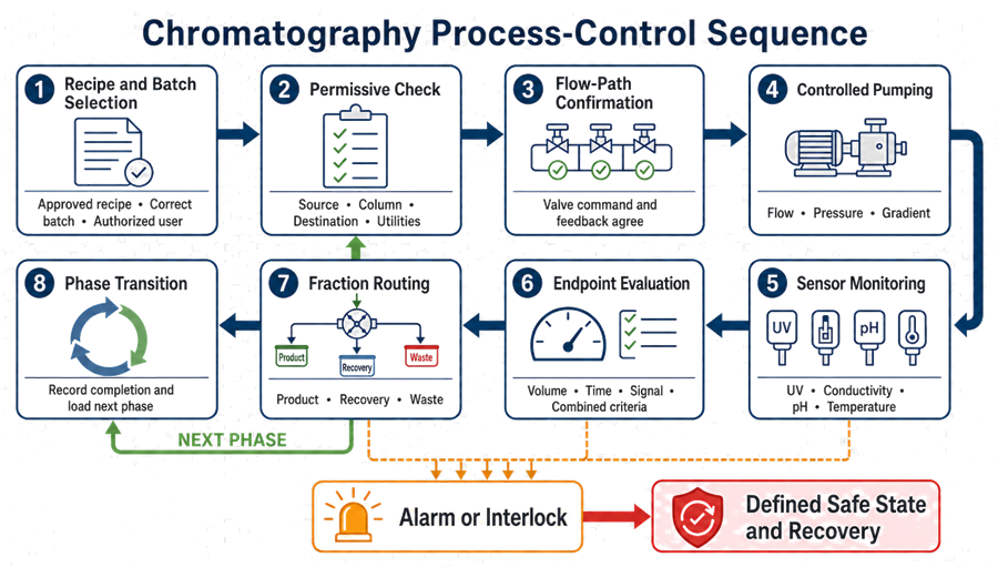 Chromatography process-control sequence showing recipe selection, permissive checks, valve-path confirmation, controlled pumping, sensor monitoring, endpoint evaluation, fraction routing, phase transition, alarms, and safe-state recovery.