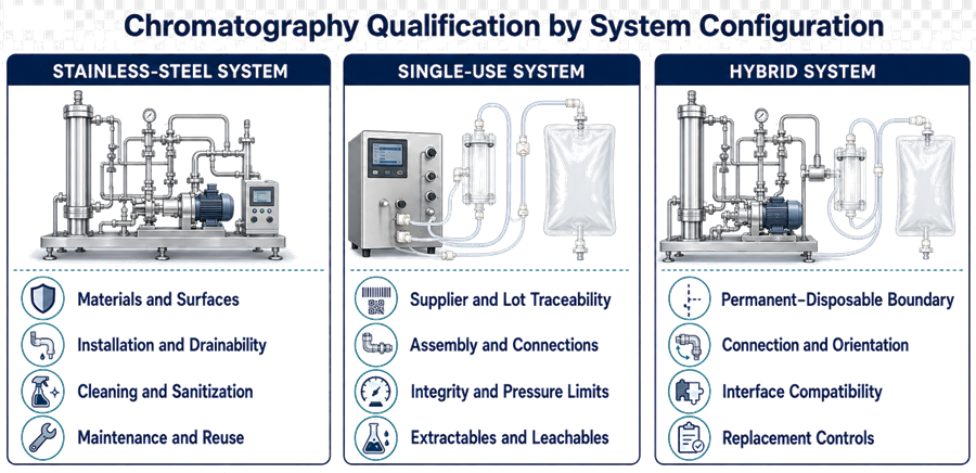 Comparison of qualification priorities for stainless-steel, single-use, and hybrid chromatography systems.