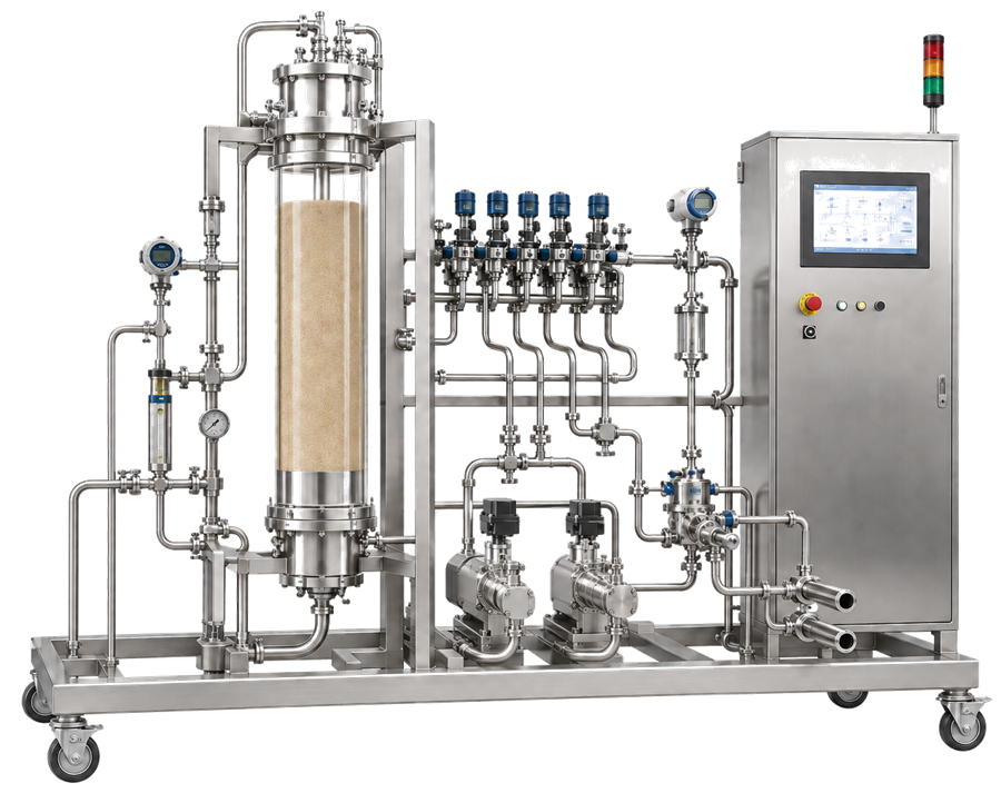 Stainless-steel GMP chromatography skid with pumps, automated valves, product-contact tubing, process instruments, structural frame, and operator control panel.