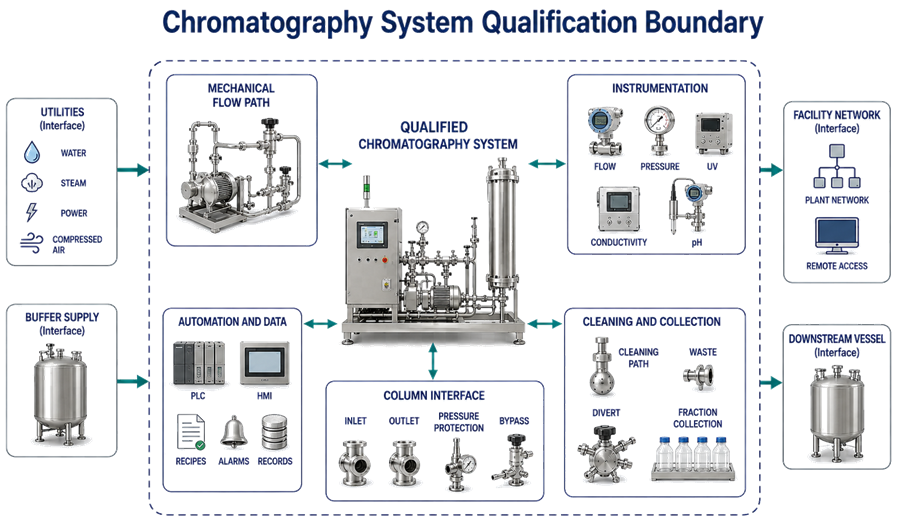 Chromatography system qualification boundary showing the mechanical flow path, instruments, automation, column interface, cleaning and collection functions, and external system interfaces.