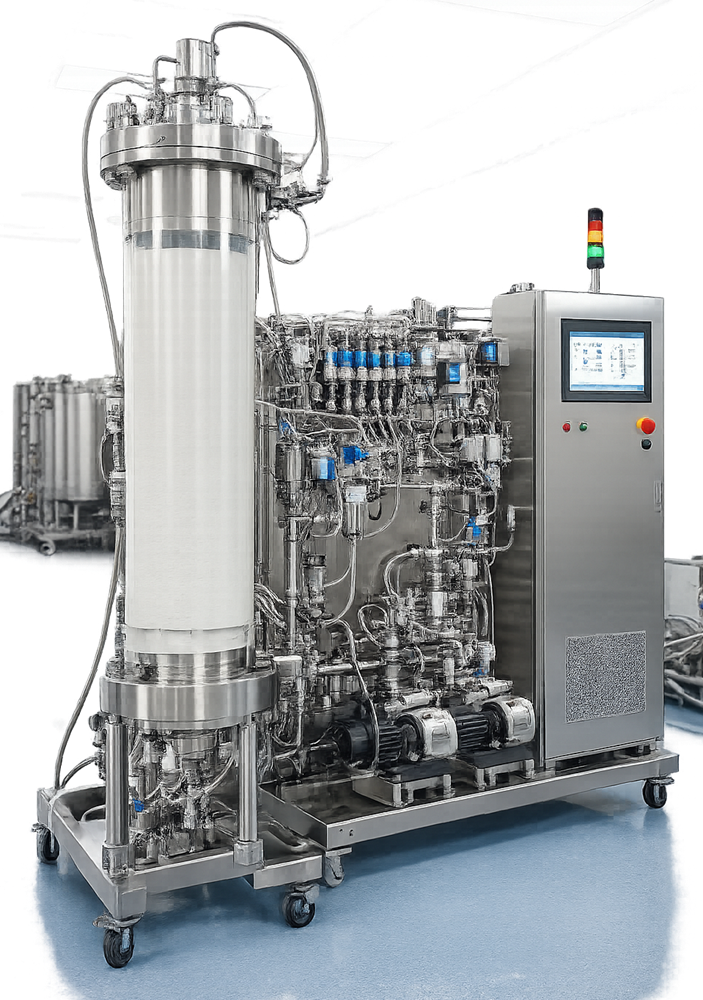 Photograph of a large-scale stainless steel chromatography column connected to a purification skid in a GMP biopharmaceutical facility.