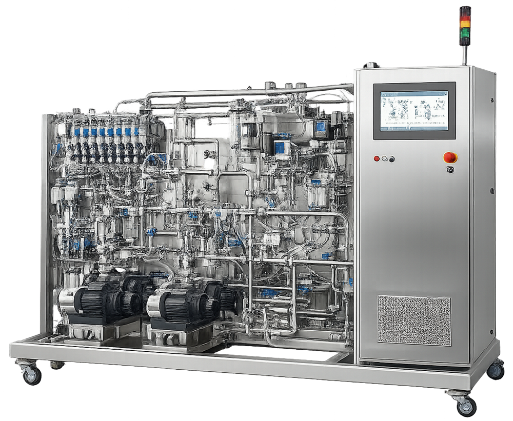 Photograph of a stainless steel GMP chromatography skid with pumps, automated valves, tubing, instrumentation, and control panel installed in a pharmaceutical manufacturing suite.