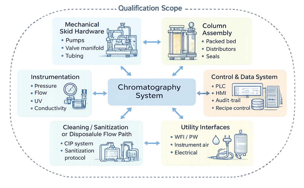 Block diagram illustrating chromatography system qualification boundaries including skid hardware, column assembly, instrumentation, control system, cleaning system or disposable flow path, and utility interfaces within a GMP manufacturing environment.