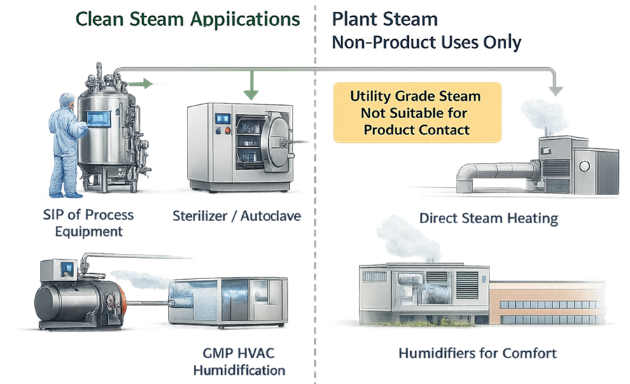 Split application-boundary diagram showing clean steam supplying SIP, sterilizers, and critical direct-injection humidification, while plant steam supplies comfort heating, non-contact coils, and isolated jackets.