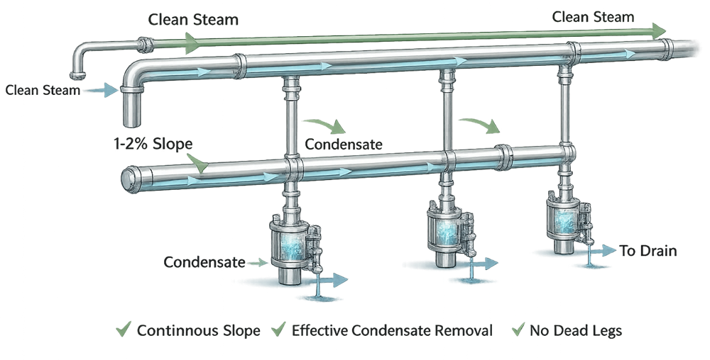 Clean steam distribution drainability concept showing sloped piping, condensate flow, collection points, steam traps, and avoidance of stagnant sections.
