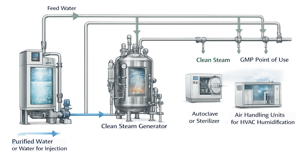 Clean steam generator and distribution overview showing feed water, plant-steam heating, clean steam generation, distribution, drainage, and representative GMP points of use.
