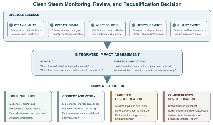 Clean steam lifecycle evidence and impact assessment leading to continued use, corrective verification, targeted requalification, or comprehensive requalification.